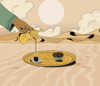 Illustrated etching style Desert Arab Coffee tradition and hospitality