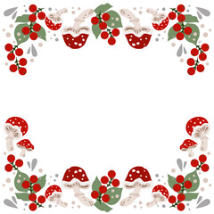 Vector illustration, pattern, fly agaric mushroom with red hat, green leaves and red berries. Square frame. For poster, material, greeting card, invitation, flyer, cover, banner, textile and so on.