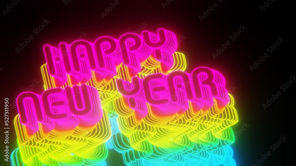 Aufkleber Beautiful Abstract neon background words Happy New Year on a black background. 3d rendering illustration Background pattern for design. Loops video.	