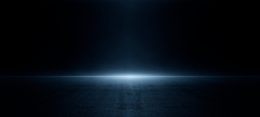 Dark street asphalt abstract dark blue background, empty dark scene, neon light, and spotlights  with smoke float up the interior texture for display products. illustration - obrazy, fototapety, plakaty