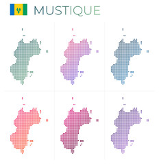 Mustique dotted map set. Map of Mustique in dotted style. Borders of the island filled with beautiful smooth gradient circles. Stylish vector illustration.