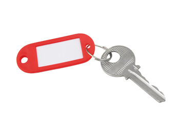 Key with blank red label isolated on white background. Real estate business concept.