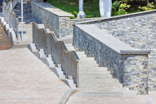 Stone staircase in modern architecture of urban landscape design.