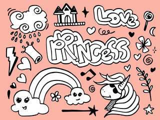 Hand drawn Prince princess cute doodle vector elements set on pink background.Trendy baby fabric, kid wallpaper. rainbow and unicorn.