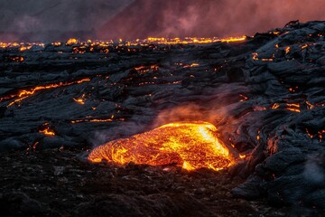 Close-up view of the lava flow of the newest eruption site in Fagradalsfjall volcano, Iceland