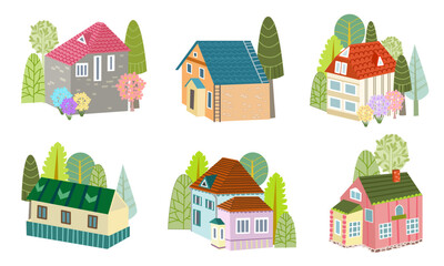 collection of colorful cute houses surrounded trees. village bri