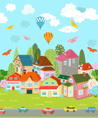 cityscape with traffic road. hot air balloons over town. summer