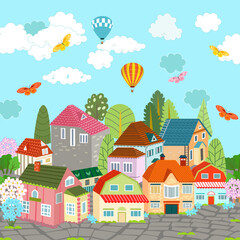 cityscape with pebble pavement. hot air balloons over town. summ