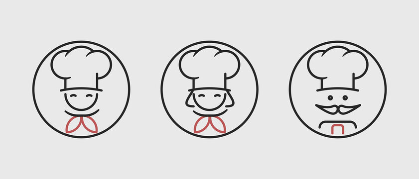 Chef icon set. Male chef, female chef and a male chef with a mustache. Outline thin line flat style icons. Isolated on white background. 