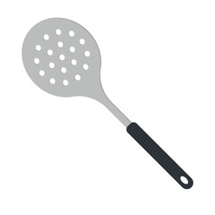 Kitchen skimmer flat icon for web. Simple skimmer sign flat vector design. Cute skimmer with black handle icon isolated on white. Cooking skimmer cartoon clipart. Kitchen utensil concept illustration