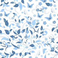 monochrome blue seamless texture with butterflies and floral pat