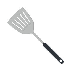 Kitchen spatula clipart vector illustration. Slotted spatula flat vector design. Kitchen spatula icon isolated on white. Metal spatula with plastic handle cartoon clipart. Kitchen concept symbol