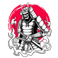 Japanese samurai holding katana black and white artwork vector illustration