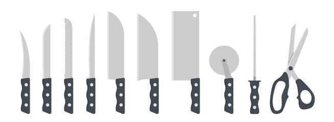 Set of kitchen knives clipart vector illustration. Knife with plastic handle flat design. Peel, vegetable, fillet, santoku, cleaver, pizza cutter, knife sharpener, scissors. Kitchen concept icon logo