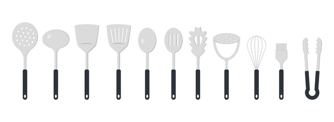 Full set of kitchen utensils flat icon for web. Simple kitchenware sign flat vector design. Spatula, ladle, spoon, pasta server, potato masher, whisk, basting brush and tongs web icon clipart logo