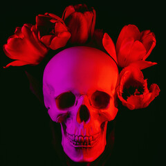 human skull in tulip flowers with colored neon lighting on a black background