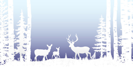 Winter landscape Christmas card. Deer, fawn, doe in snow, forest and hills, birch, bracken . Magical misty nature, wildlife. Merry Christmas and Happy New Year. 
