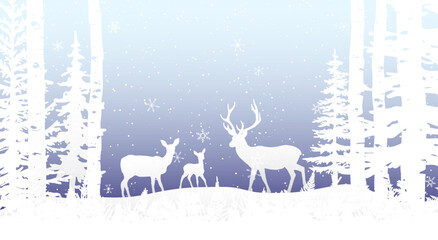 Winter landscape Christmas card. Deer, fawn, doe in snow, forest and hills, birch, bracken . Magical misty nature, wildlife. Merry Christmas and Happy New Year.