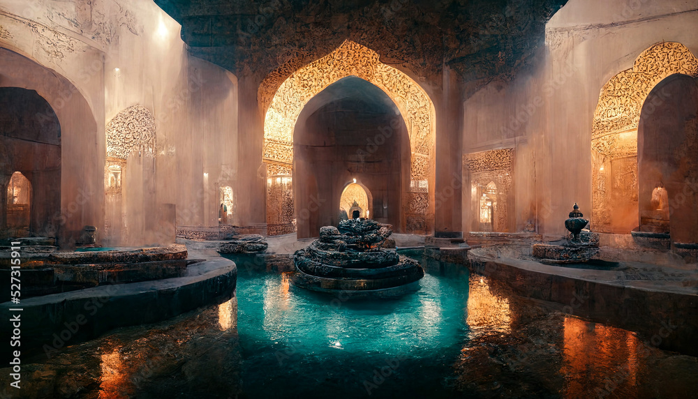 Wall mural Eastern landscape of the palace complex with a fountain at sunset. Oriental, Arabic arches and architecture, Arabic patio. 3D illustration.