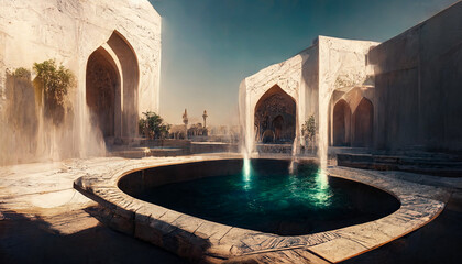 Eastern landscape of the palace complex with a fountain at sunset. Oriental, Arabic arches and architecture, Arabic patio. 3D illustration.