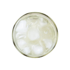 Lemon soda, soft drink in a cup with ice, top view isolated over white background
