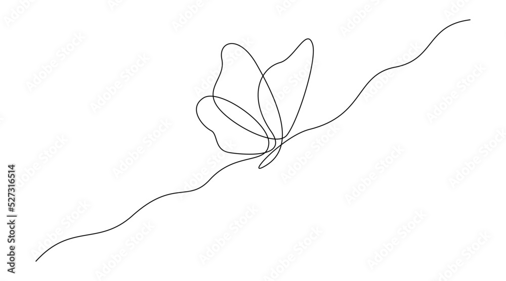 Wall mural One continuous line drawing of flying Butterfly. Beautiful moth for wellbeing beauty or spa salon logo and divider concept in simple linear style. Editable stroke. Doodle vector illustration.