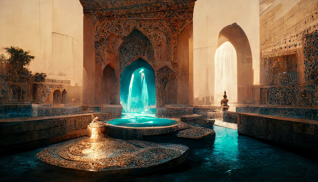 Eastern landscape of the palace complex with a fountain at sunset. Oriental, Arabic arches and architecture, Arabic patio. 3D illustration.