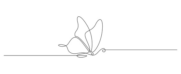 One continuous line drawing of flying Butterfly. Beautiful moth for wellbeing beauty or spa salon logo and divider concept in simple linear style. Editable stroke. Doodle vector illustration.