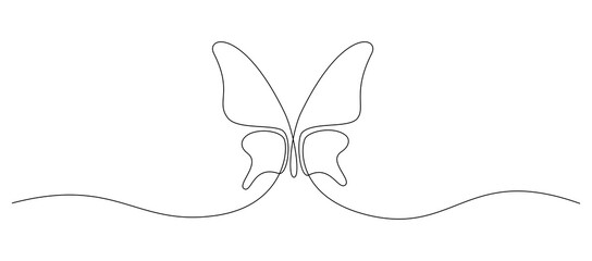 One continuous line drawing of flying Butterfly. Beautiful moth for wellbeing beauty or spa salon logo and divider concept in simple linear style. Editable stroke. Doodle vector illustration.