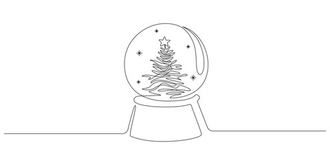 One continuous line drawing of Christmas crystal snow globe with xmas tree. Magic glass ball for winter xmas holiday concept in simple linear style. Editable stroke. Doodle vector illustration.