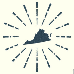 Virginia Logo. Grunge sunburst poster with map of the us state. Shape of Virginia filled with hex digits with sunburst rays around. Artistic vector illustration.