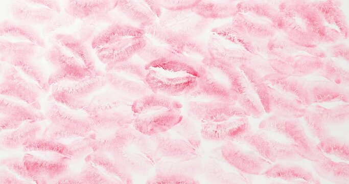 Lipstick prints on white. Background from kisses. 4K stop motion animation