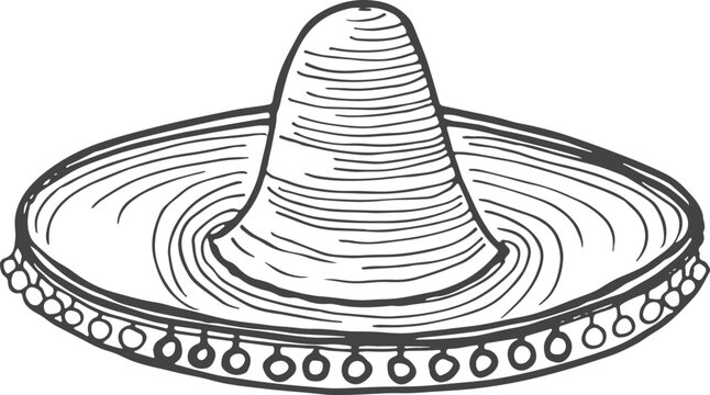 Sombrero sketch. Engraved traditional mexican hat icon