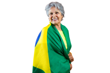  September 7th, Brazil's Independence Day - Mature Woman with Gray Hare Holding Brazil Flag