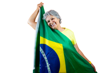  September 7th, Brazil's Independence Day - Mature Woman with Gray Hare Holding Brazil Flag