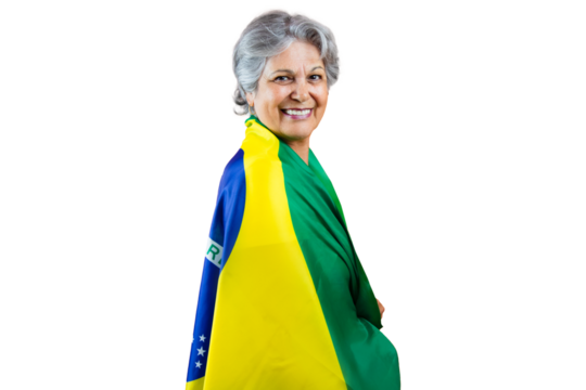  September 7th, Brazil's Independence Day - Mature Woman with Gray Hare Holding Brazil Flag