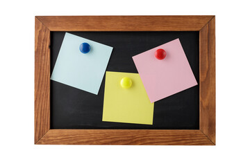 Blank colorful notepapers on magnetic blackboard isolated on white background. memo board.