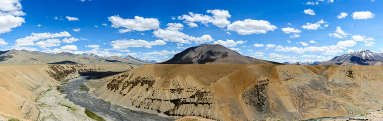 Panorama and scenic view of Pang Canyon with the river, Alt.4,513 meters, Keylong Leh road, India