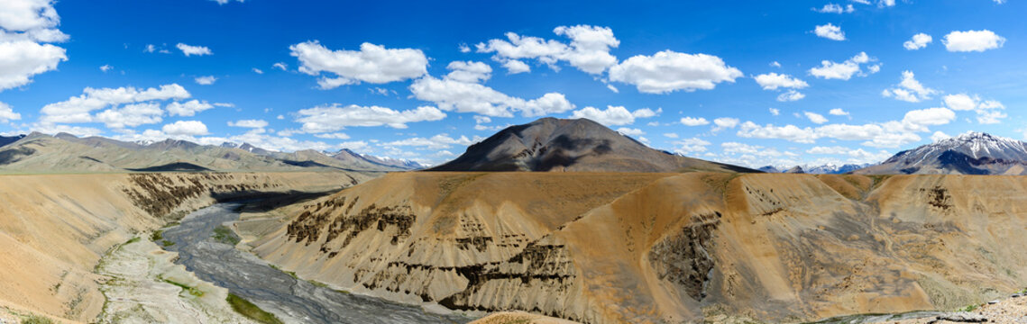 Panorama and scenic view of Pang Canyon with the river, Alt.4,513 meters, Keylong Leh road, India