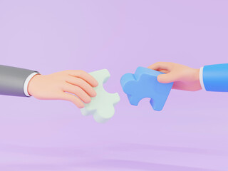 3D Cartoon Businessman hand holding jigsaw puzzle
