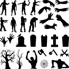 Vector silhouettes of zombies isolated on white background. Halloween