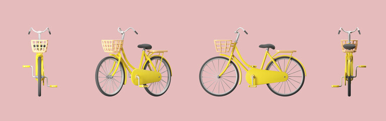 3d render Yellow Bicycle vintage object on pink background with clipping path