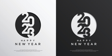 happy new year 2023 with black and white numbers - obrazy, fototapety, plakaty