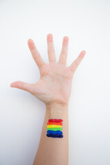 Woman shows rainbow painted open hand. Equal rights.
