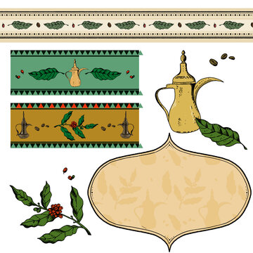 Illustrated etching style pattern decoration with Coffee leaves, and beans