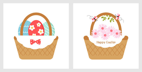 Easter eggs and daisy flower baskets isolated on white backgrounds vector illustration.