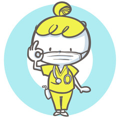 マスクをしてOKサインを出す看護師　黄色バージョン