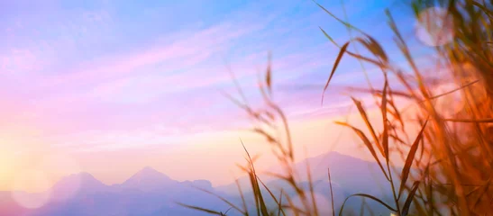 Zelfklevend Fotobehang Herfst zonsopgang bewolkte hemel over bergen  Abstracte kleurrijke vreedzame hemelachtergrond © Konstiantyn