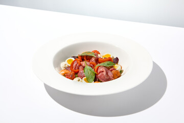 Salad with roast beef, vegetables and eggs on white table with harsh shadows. Steak salad in modern style with shadows of leaves. Flashy food. Meat salad with pastrami in summer menu.