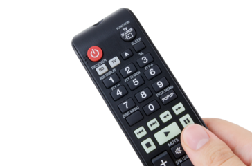 Hand holding remote control, isolated